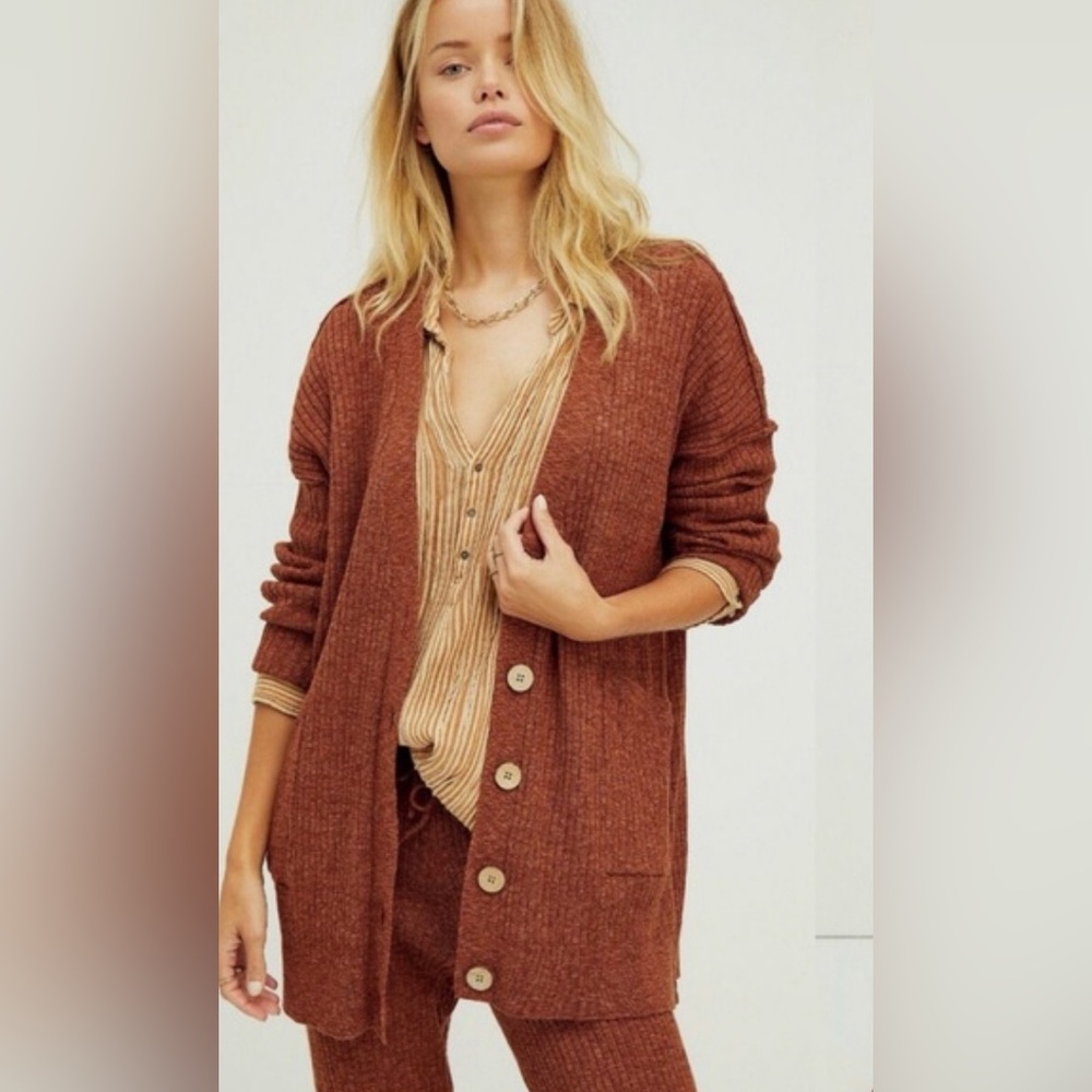 Free People Beach Maiya Sweater Knitted Cardigan Dark Brown